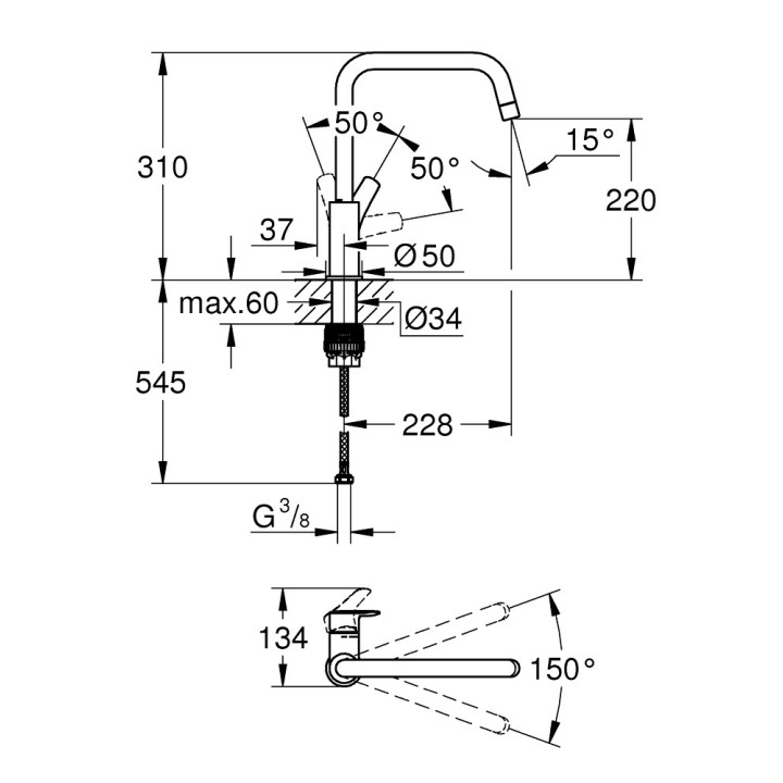 Bateria zlewozmywakowa Grohe Eurosmart, wysokość 339mm, DN 15, obracana wylewka 183mm, chrom