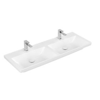 Umywalka meblowa podwójna Villeroy & Boch Subway 3.0, 130x47cm, z przelewem, 2 otwory na armaturę, Weiss Alpin