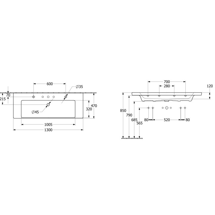 Umywalka meblowa podwójna Villeroy & Boch Subway 3.0, 130x47cm, z przelewem, 2 otwory na armaturę, Weiss Alpin
