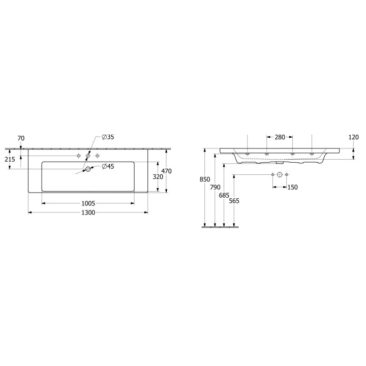 Umywalka meblowa Villeroy & Boch Subway 3.0, 130x47cm, z przelewem, 2 otwory na armaturę, Weiss Alpin