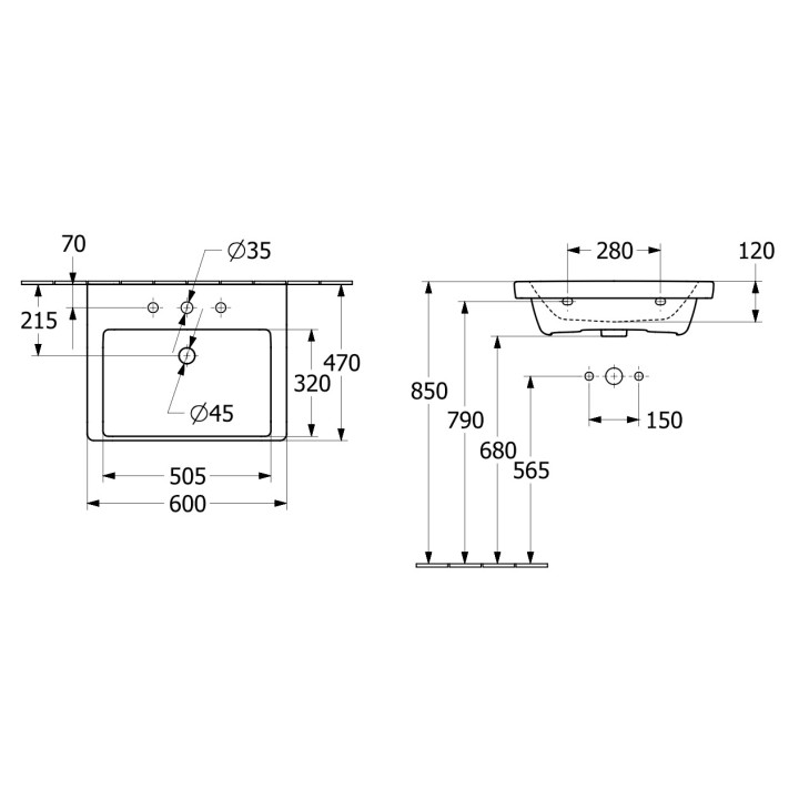 Umywalka meblowa Villeroy & Boch Subway 3.0, 65x47cm, z przelewem, otwór na armaturę, Weiss Alpin