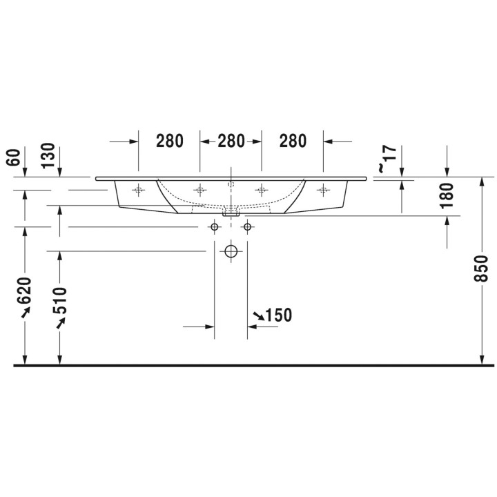 Umywalka meblowa Duravit ME by Starck, 1230x490mm, z przelewem, otwór na baterię, biała