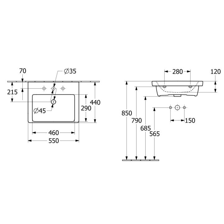 Umywalka wisząca Villeroy & Boch Subway 3.0, 55x44cm, z przelewem, otwór na armaturę, Weiss Alpin