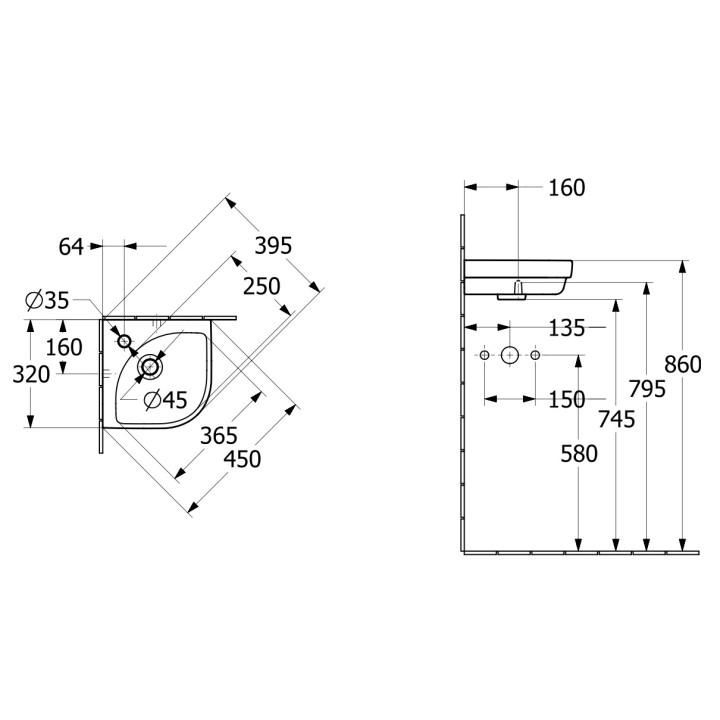 Umywalka wisząca narożna Villeroy & Boch Subway 3.0, 32x32cm, bez przelewu, otwór na armaturę, Weiss Alpin