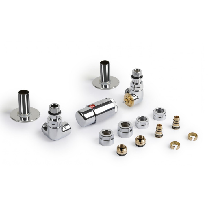 Zestaw trójosiowy termostatyczny kątowy Terma Vision All In One, lewy - chrom