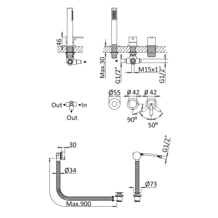 Bateria wannowa 3-otworowa Bruma X-Alpha, stojąca, przelew z funkcją napełaniania, stal nierdzewna