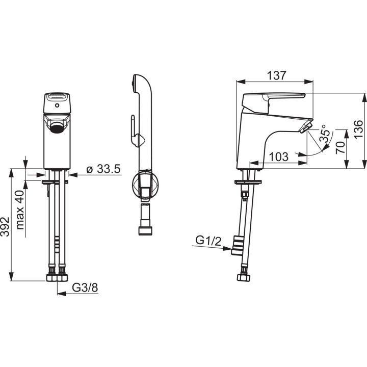 Bateria umywalkowa Oras Saga, stojąca, wysokość 136mm, wylewka 103mm, bez korka, z rączką natrysku Bidetta, chrom