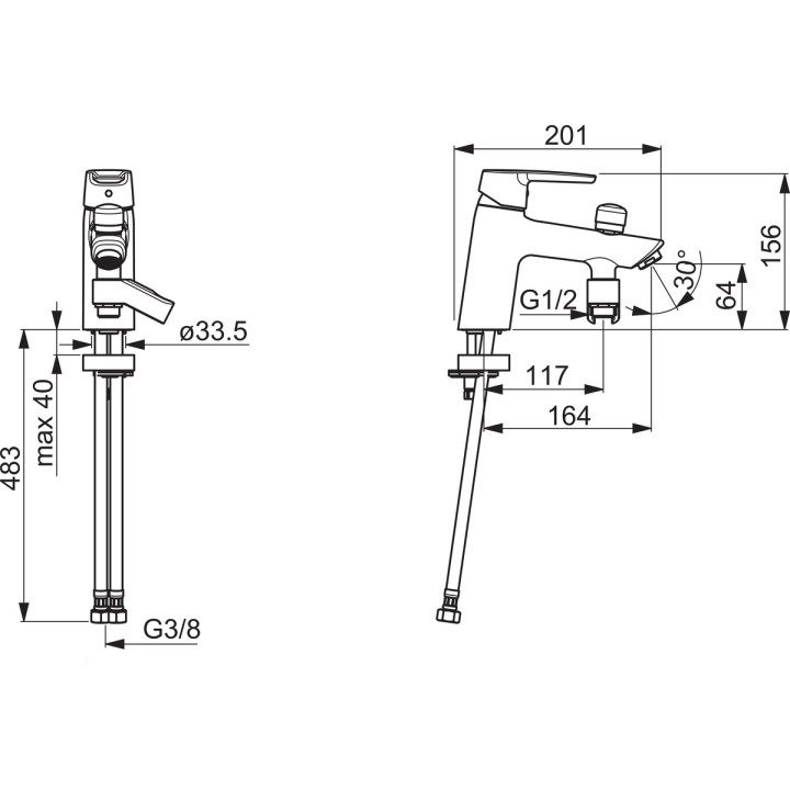 Bateria bidetowa Oras Saga, stojąca, wysokość 136mm, wylewka 106mm, korek automatyczny, chrom
