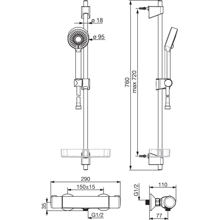 Termostatyczna bateria natryskowa Oras Nova, natynkowa, z zestawem natryskowym, chrom
