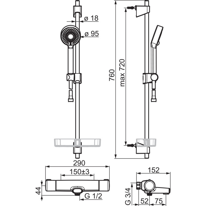 Termostatyczna bateria natryskowa Oras Nova, natynkowa, z zestawem natryskowym ze słuchawką 3-funkcyjną, chrom