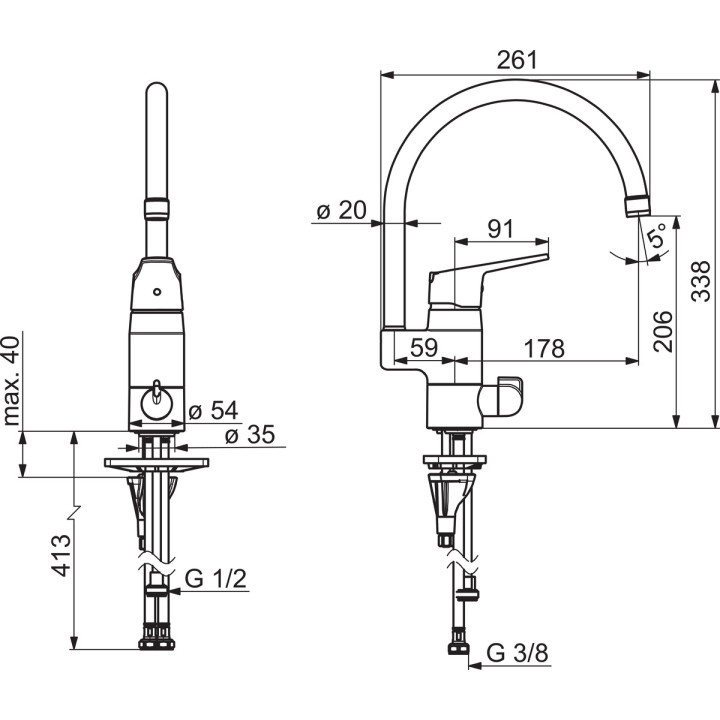 Bateria kuchenna Oras Saga, stojąca, wysokość 301mm, obracana wylewka, zawór do zmywarki, chrom