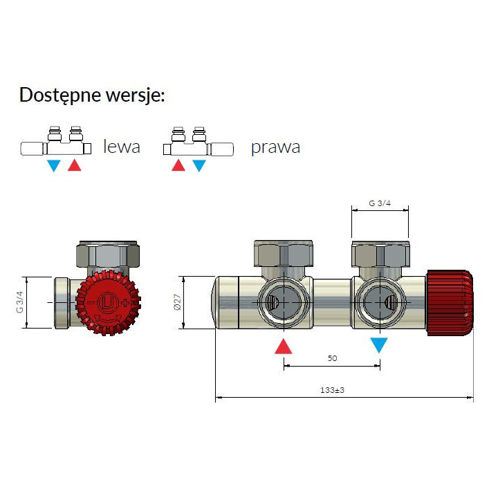 Zestaw zintegrowany termostatyczny kątowy Terma Twins All In One, lewy - chrom