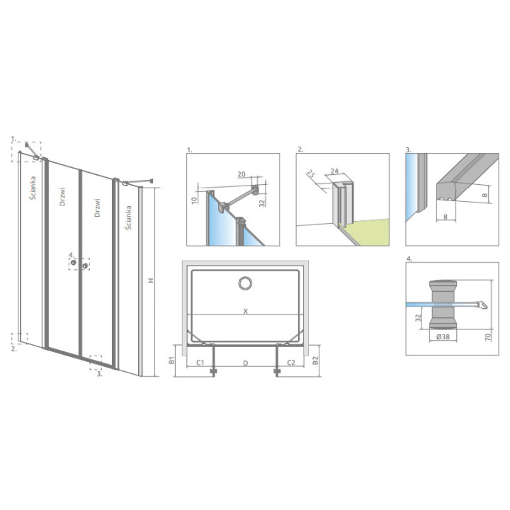 Drzwi prysznicowe do wnęki Radaway Eos DWD I 120, dwuskrzydłowe, 1200x1970mm, profil chrom