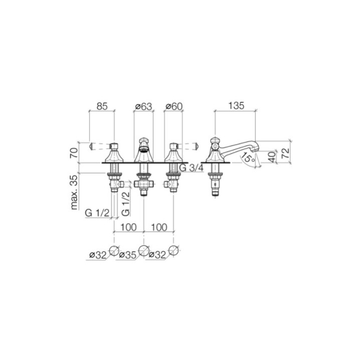 Bateria umywalkowa 3-otworowa Dornbracht Madison, stojąca, wylewka 135mm, chrom