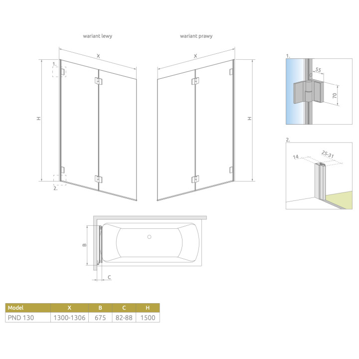 Parawan nawannowy Radaway Eos PND I, lewy, szkło przejrzyste, 130x152cm, profil chrom