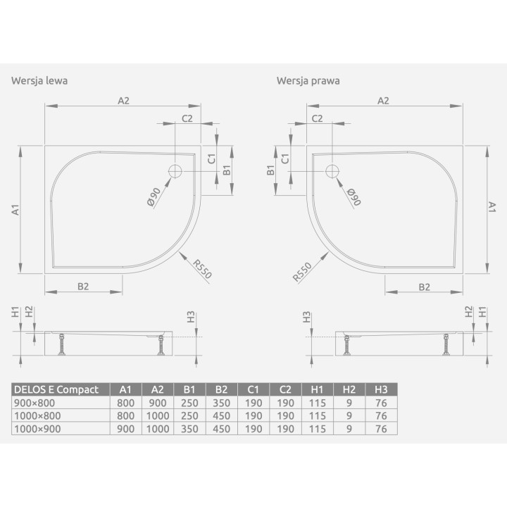 Brodzik półokrągły asymetryczny Radaway Delos E, 100x80cm, lewy, akrylowy, biały
