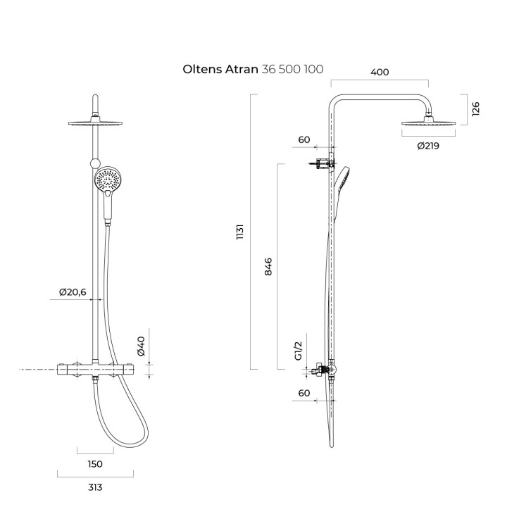 Zestaw prysznicowy Oltens Atran (S) z baterią termostatyczną, kwadratowa deszczownica, chrom