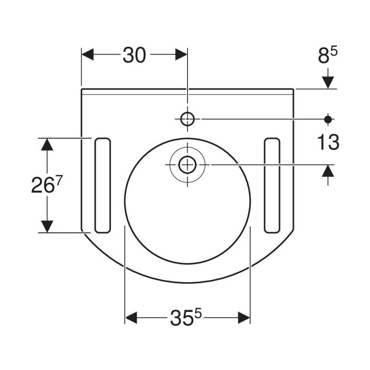 Umywalka Geberit Publica, 60x55cm, bez przelewu, otwór na baterię, z wycięciami, bez barier, biały alpin