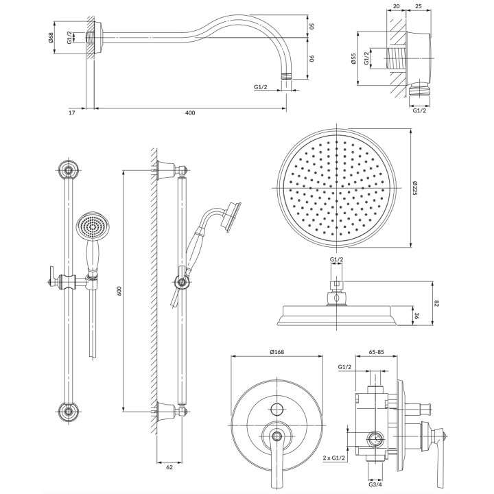 Zestaw prysznicowy podtynkowy suwany Omnires Armance miedż antyczna deszczownica 22,5cm