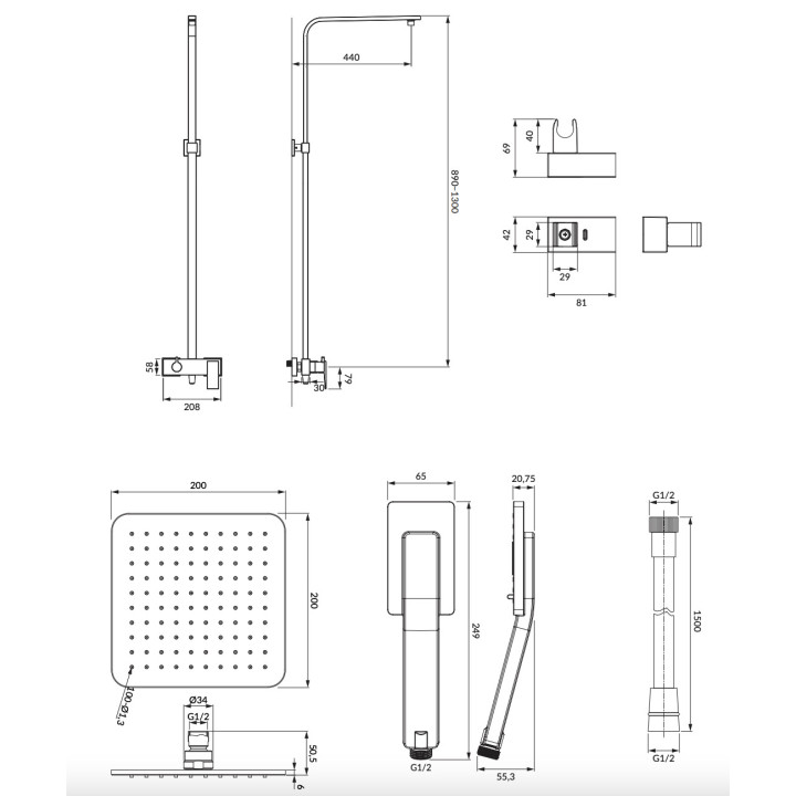 Termostatyczny system prysznicowy Omnires Fresh, podtynkowy, 3 wyjścia wody, deszczownica 25x25cm 2-funkcyjna, słuchawka 3-funkc