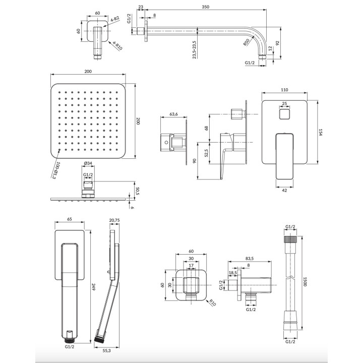 System prysznicowy Omnires Parma, natynkowa, 2 wyjścia wody, deszczownica 20x20cm, słuchawka 3-funkcyjna, grafit