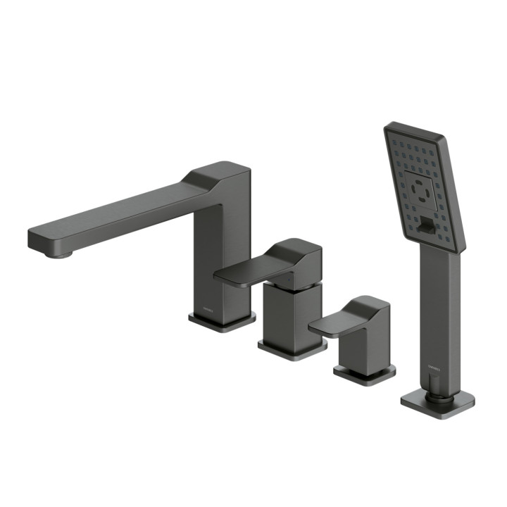 Bateria wannowa 4-otworowa Omnires Parma, stojąca, 2 wyjścia wody, wylewka 205mm, zestaw natryskowy, grafit