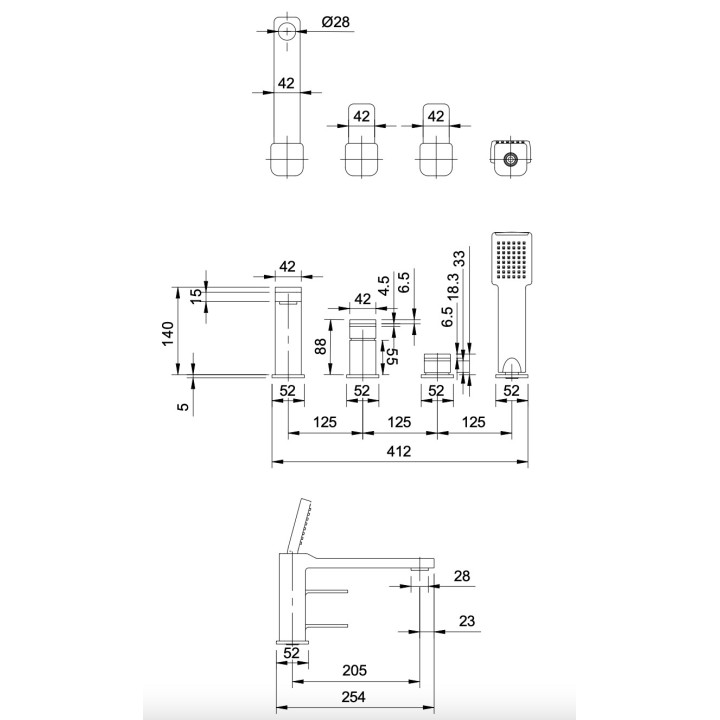 Bateria wannowa 4-otworowa Omnires Parma, stojąca, 2 wyjścia wody, wylewka 205mm, zestaw natryskowy, grafit