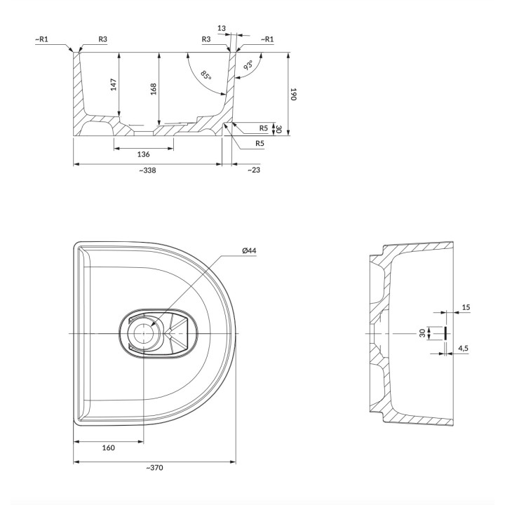 Umywalka nablatowa Omnires Cadence M+, 42x37cm, bez przelewu, biały połsyk