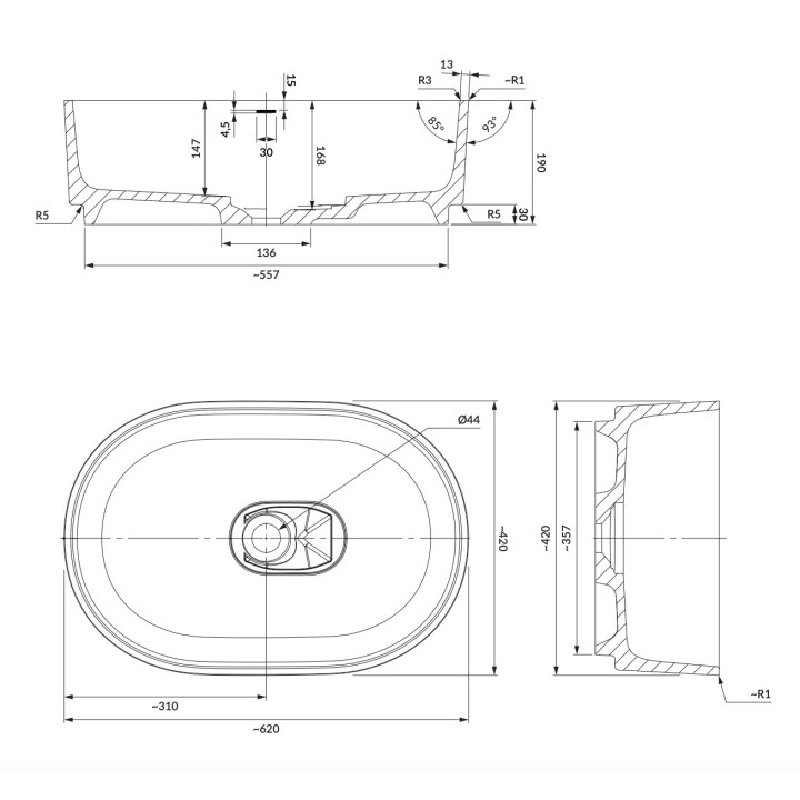 Umywalka nablatowa Omnires Cadence M+, 62x42cm, bez przelewu, biały połysk