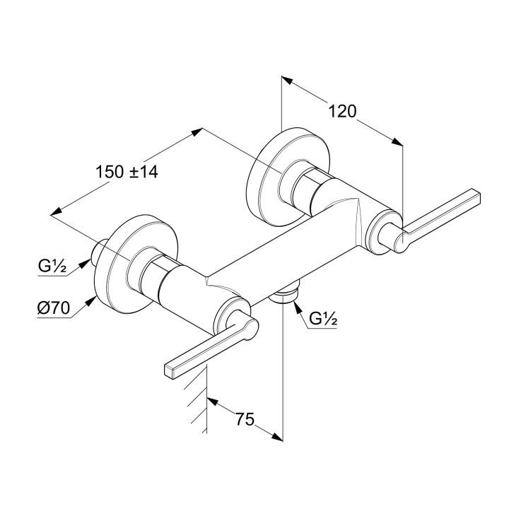 Bateria umywalkowa 3-otworowa Kludi Nova Fonte Puristic, ścienna, wylewka 240mm, uchwyty proste, chrom