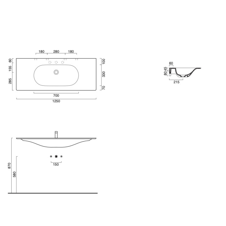 Umywalka wisząca Catalano Horizon, 125x50cm, bez przelewu, bez otworu na baterię, biały połysk