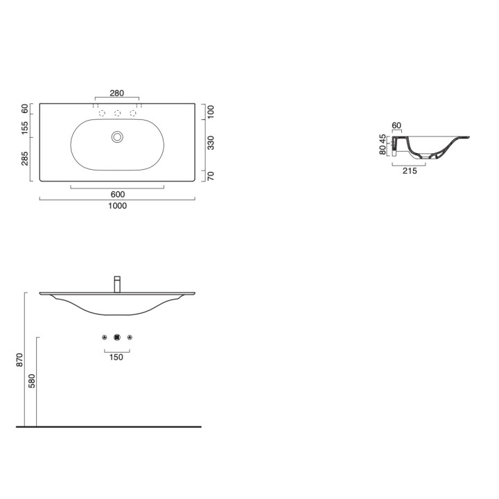 Umywalka wisząca Catalano Horizon, 125x50cm, bez przelewu, bez otworu na baterię, biały połysk
