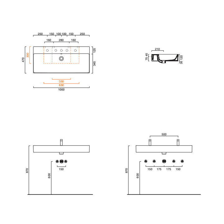 Umywalka wisząca Catalano New Premium, 120x47cm, z przelewem, bez otworu na baterię, biały połysk