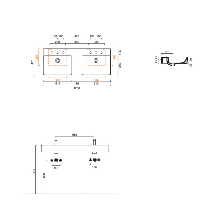 Umywalka wisząca Catalano New Premium, 120x47cm, z przelewem, bez otworu na baterię, biały połysk