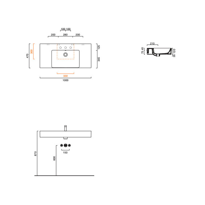Umywalka wisząca Catalano New Premium, 100x47cm, z przelewem, bez otworu na baterię, biały połysk
