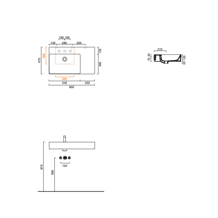 Umywalka wisząca/nablatowa Catalano New Premium, 80x47cm, blat z prawej strony, z przelewem, bez otworu na baterię, biały połysk