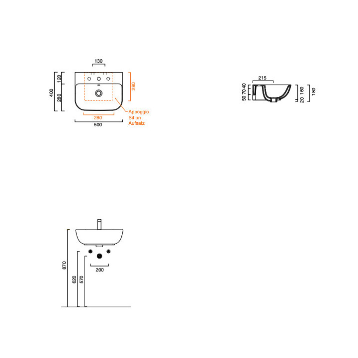 Umywalka wisząca/nablatowa Catalano Verso, 40x32cm, bez przelewu, bez otworu na baterię, biały połysk