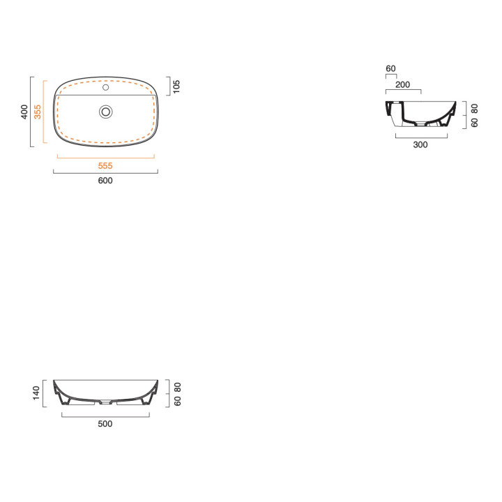 Umywalka wpuszczana w blat Catalano Green, 65x42cm, bez przelewu, otwór na baterię, cement satynowy