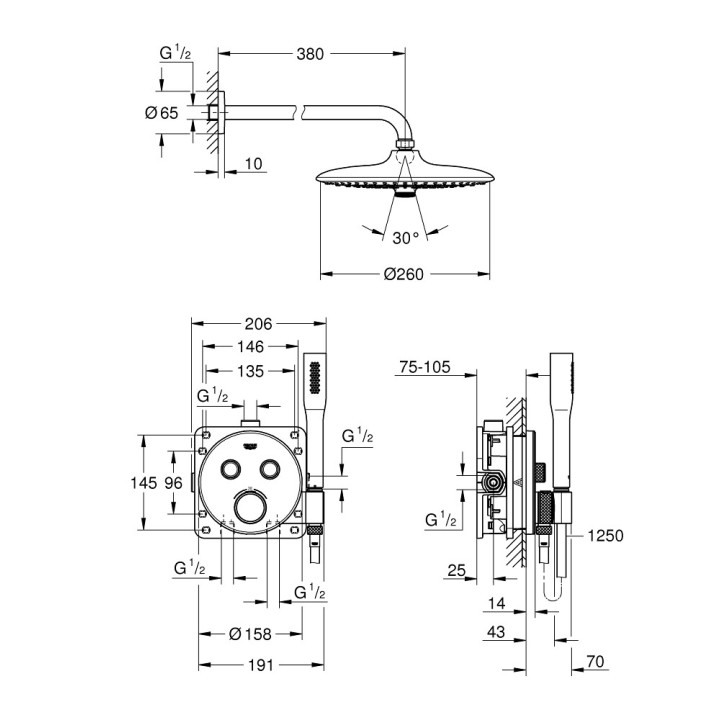 Podtynkowy zestaw prysznicowy Grohe Grohtherm Smartcontrol, termostatyczny, 2 wyjścia wody, chrom