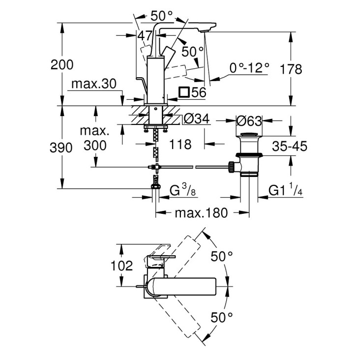 Bateria umywalkowa Grohe Allure, stojąca, wysokość 200mm, obrotowa wylewka, korek automatyczny, chrom