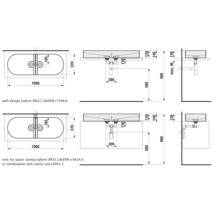 Podwójna umywalka nablatowa Laufen Sonar, 100x37cm, bez przelewu, bez otworów na baterie, ryflowana, biały