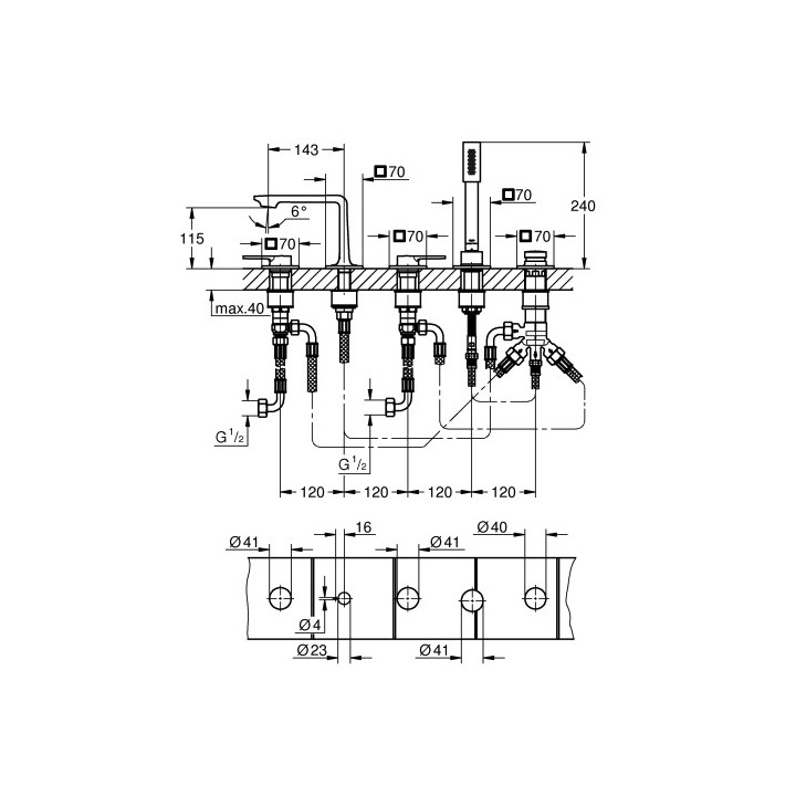 Bateria wannowa 5-otworowa Grohe Allure, w wyjścia wody, wylewka 143mm, brushed warm sunset