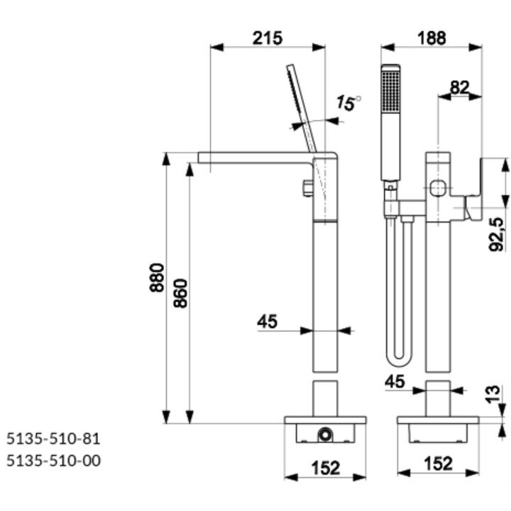 Bateria wannowa wolnostojąca KFA Logan Black, 2 wyjścia wody, zestaw natryskowy, czarny
