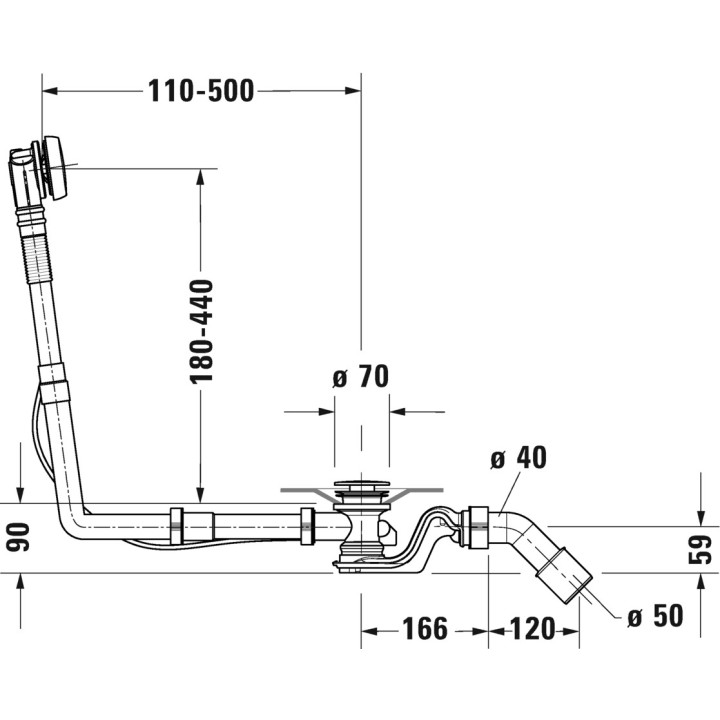 Zestaw przelewowo-odpływowy Duravit Quadroval, dla wanien z odpływem centralnym, chrom