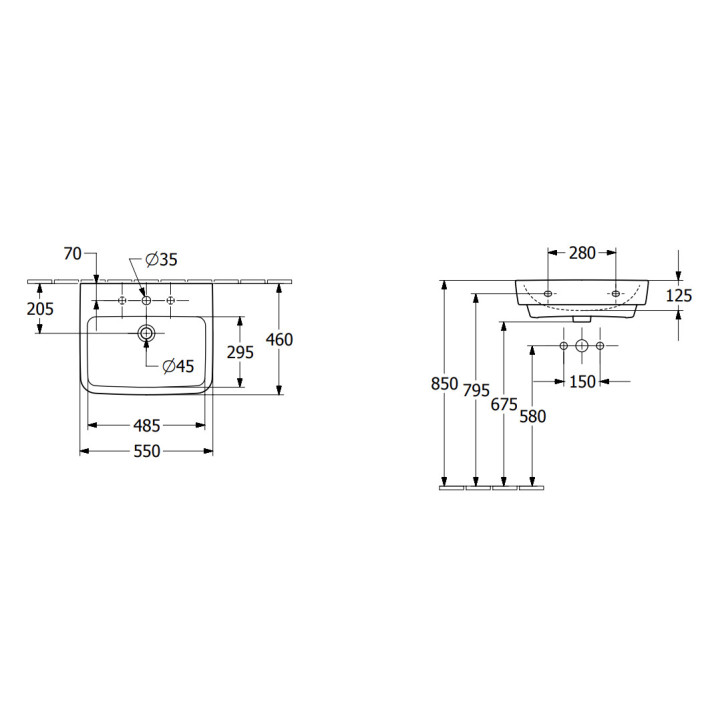 Umywalka wisząca Villeroy & Boch O.novo, 55x46cm, z przelewem, otwór na baterię, Weiss Alpin AntiBac CeramicPlus