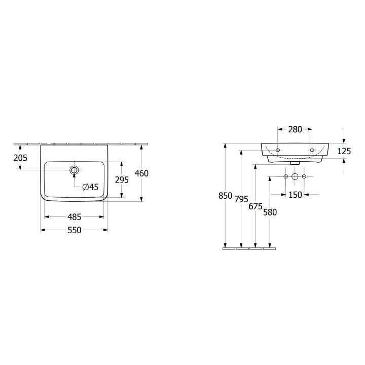 Umywalka wisząca Villeroy & Boch O.novo, 55x46cm, z przelewem, otwór na baterię, Weiss Alpin AntiBac CeramicPlus