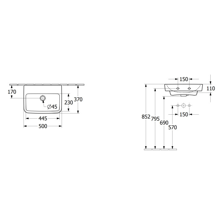Umywalka wisząca Villeroy & Boch O.novo, 50x37cm, z przelewem, otwór na baterię, Weiss Alpin