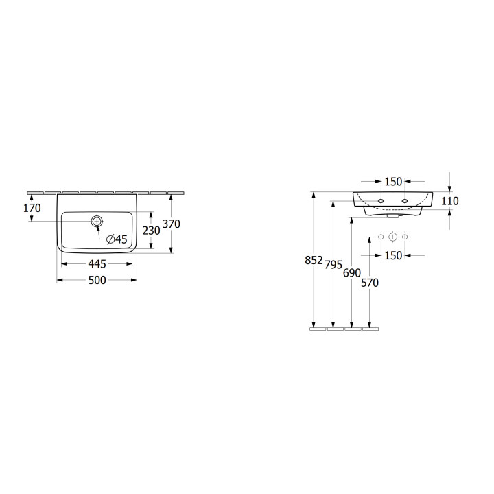 Umywalka wisząca Villeroy & Boch O.novo, 50x37cm, z przelewem, bez otworu na baterię, Weiss Alpin