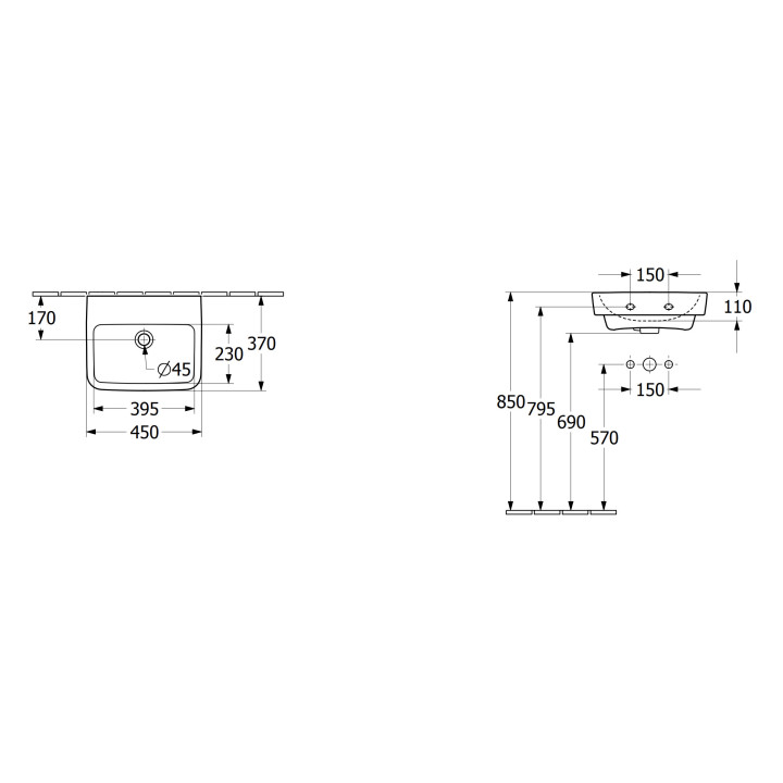 Umywalka wisząca Villeroy & Boch O.novo, 45x37cm, z przelewem, bez otworu na baterię, Weiss Alpin