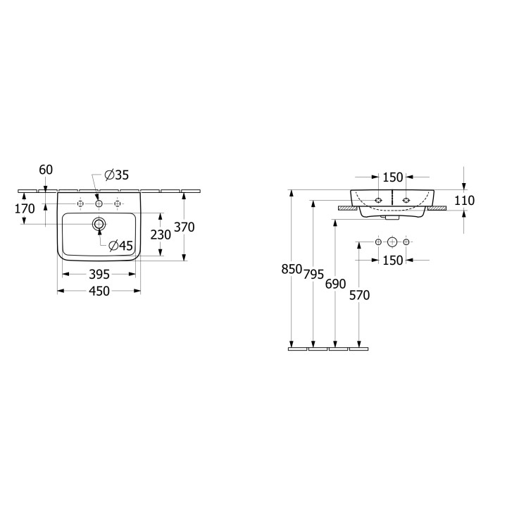 Umywalka nablatowa Villeroy & Boch O.novo, 45x37cm, z przelewem, otwór na baterię, Weiss Alpin
